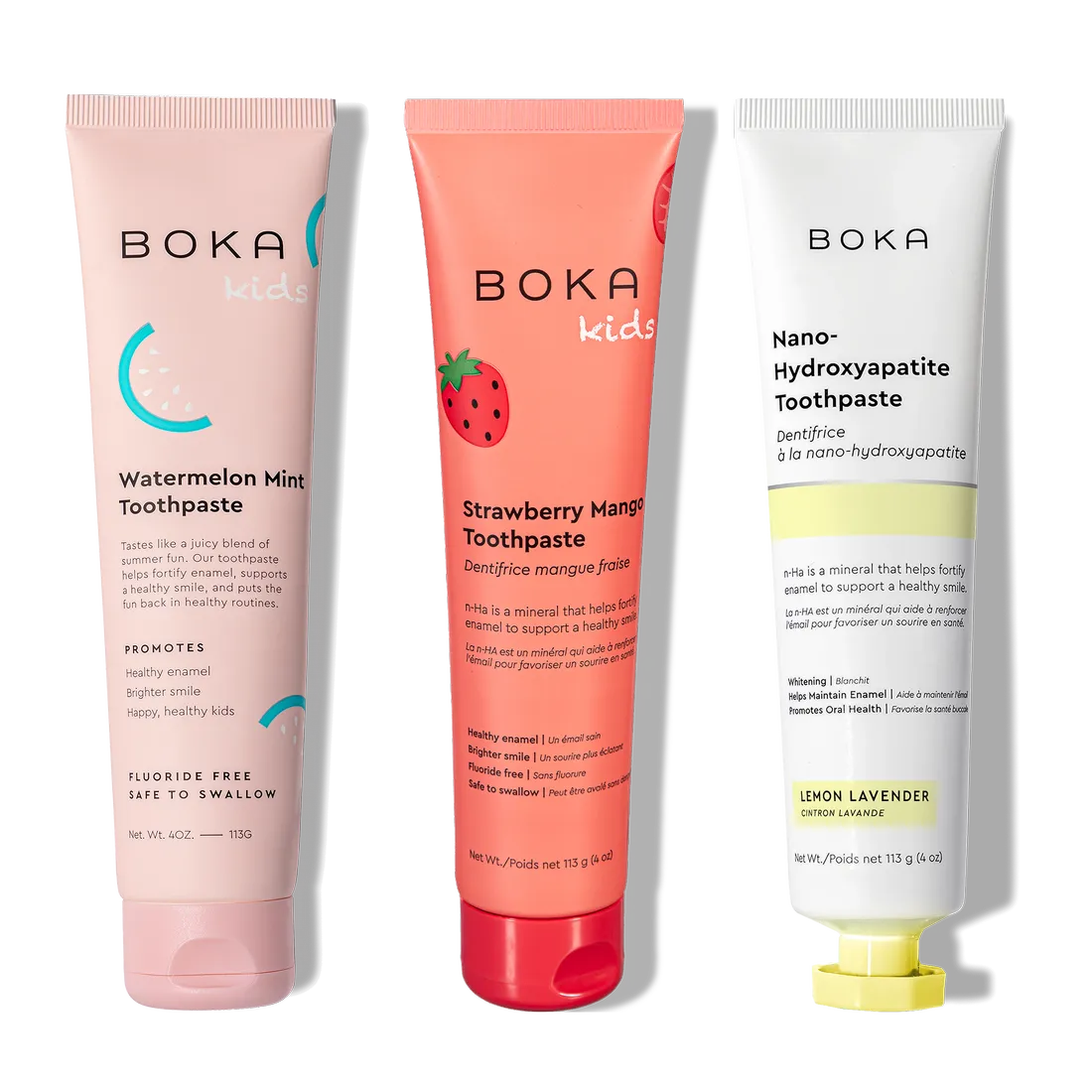 N-Ha Toothpaste Family 3 Pack: three fun flavors for healthy kids brushing habits.