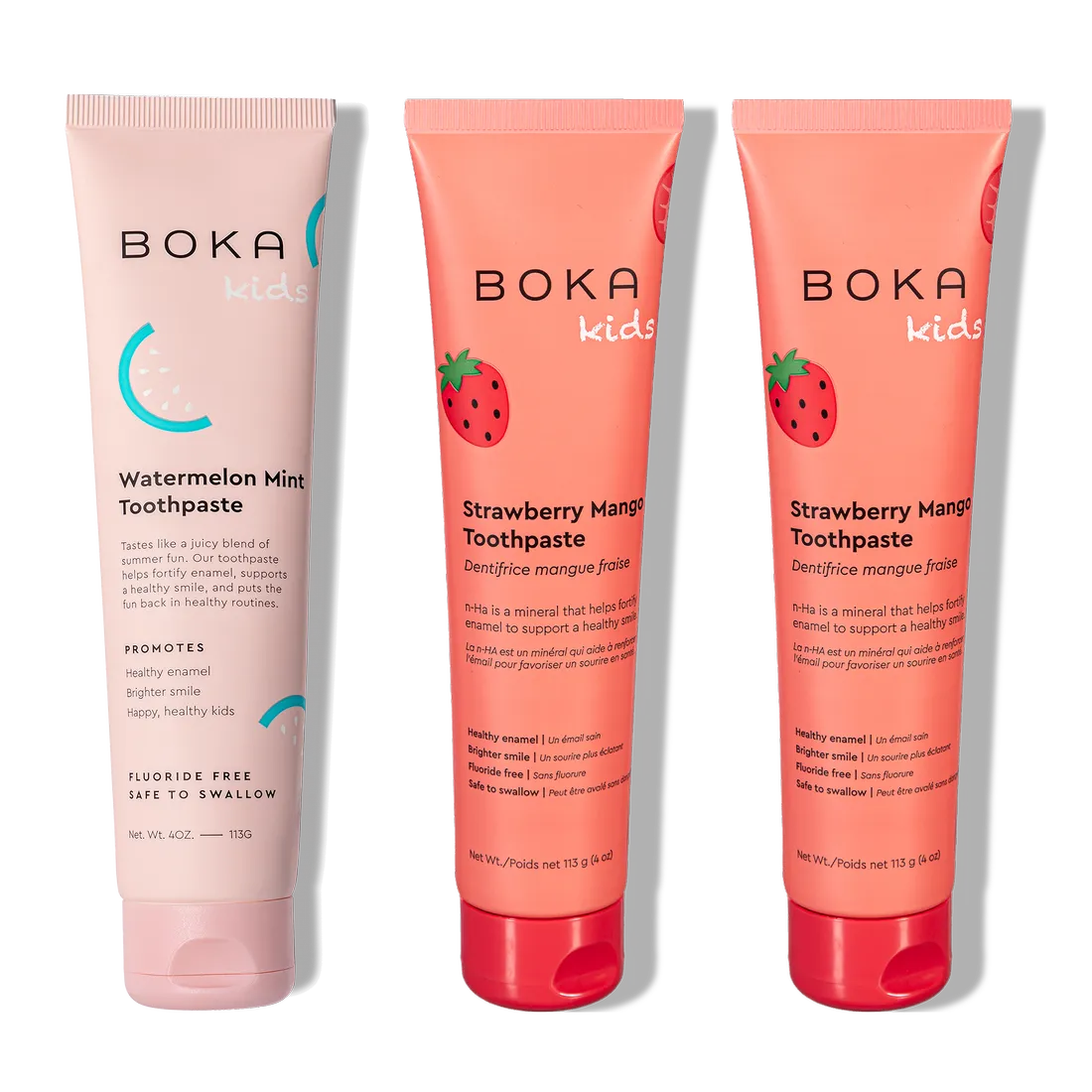 Three upright tubes of n-Ha Toothpaste Family 3 Pack in Watermelon Mint and Strawberry Mango flavors.