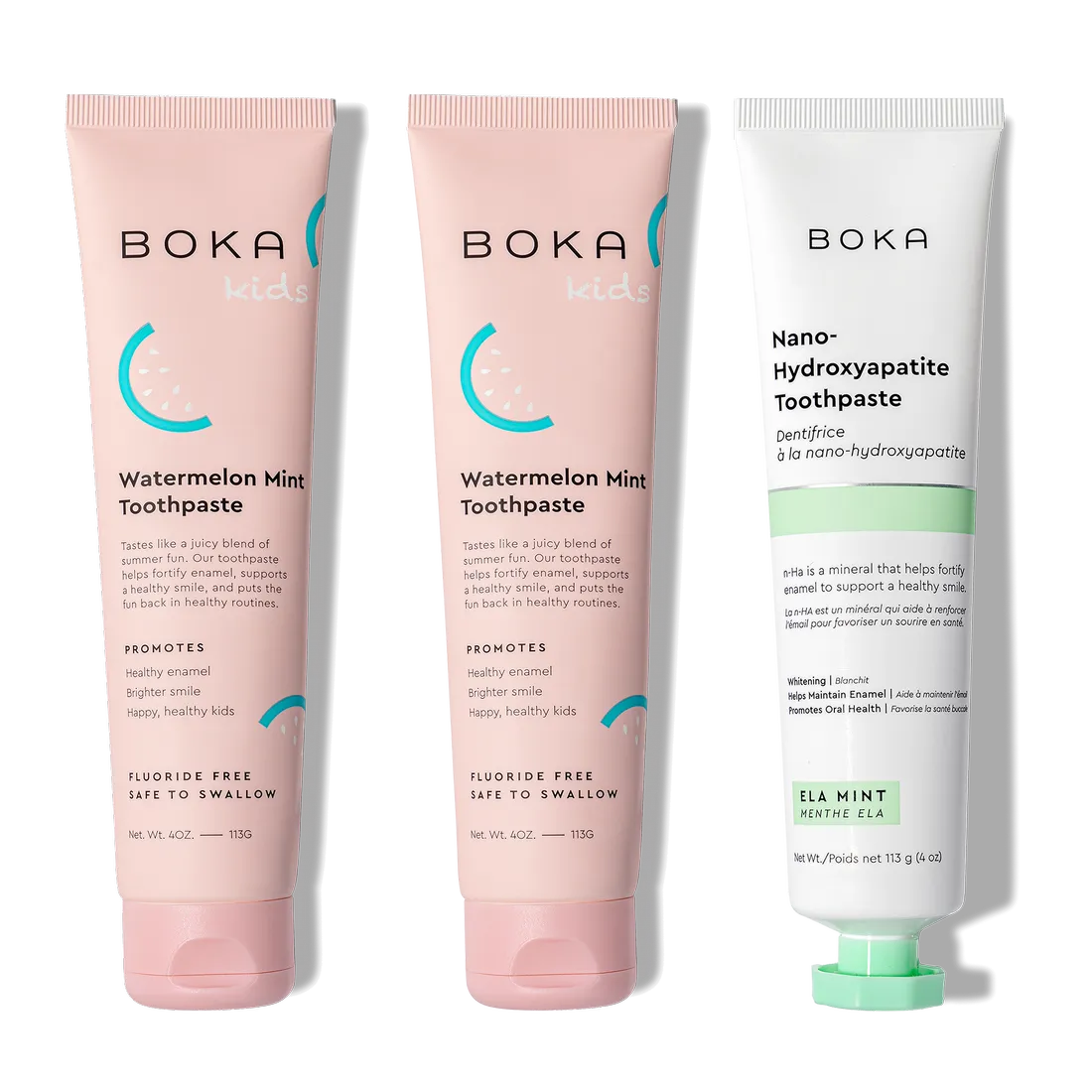 N-Ha Toothpaste Family 3 Pack: two Watermelon Mint Kids and one Ela Mint nano-hydroxyapatite toothpaste.