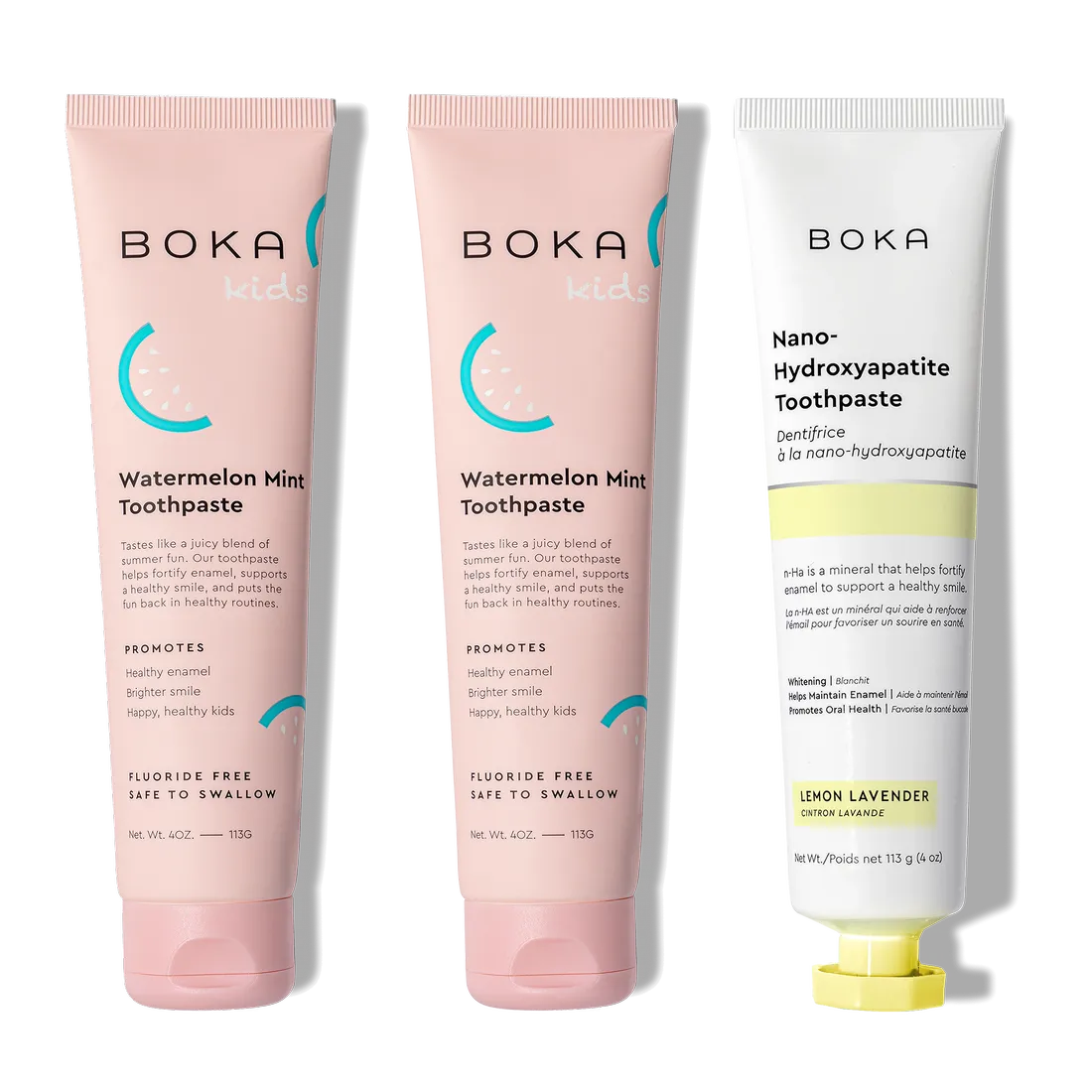 N-Ha Toothpaste Family 3 Pack: three tubes with nano-hydroxyapatite and kid-approved flavors.