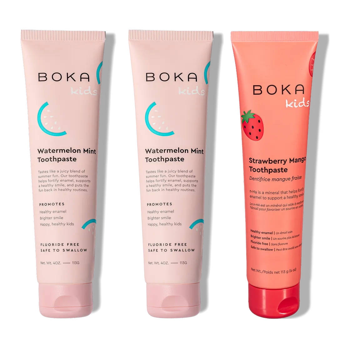 Three tubes of n-Ha Toothpaste Family 3 Pack with kid-approved flavors, upright.