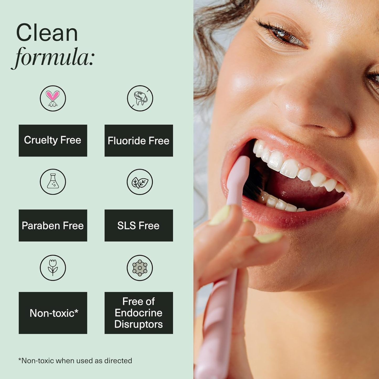 Woman brushing teeth with cruelty-free Coco Ginger n-Ha Toothpaste to remineralize teeth.