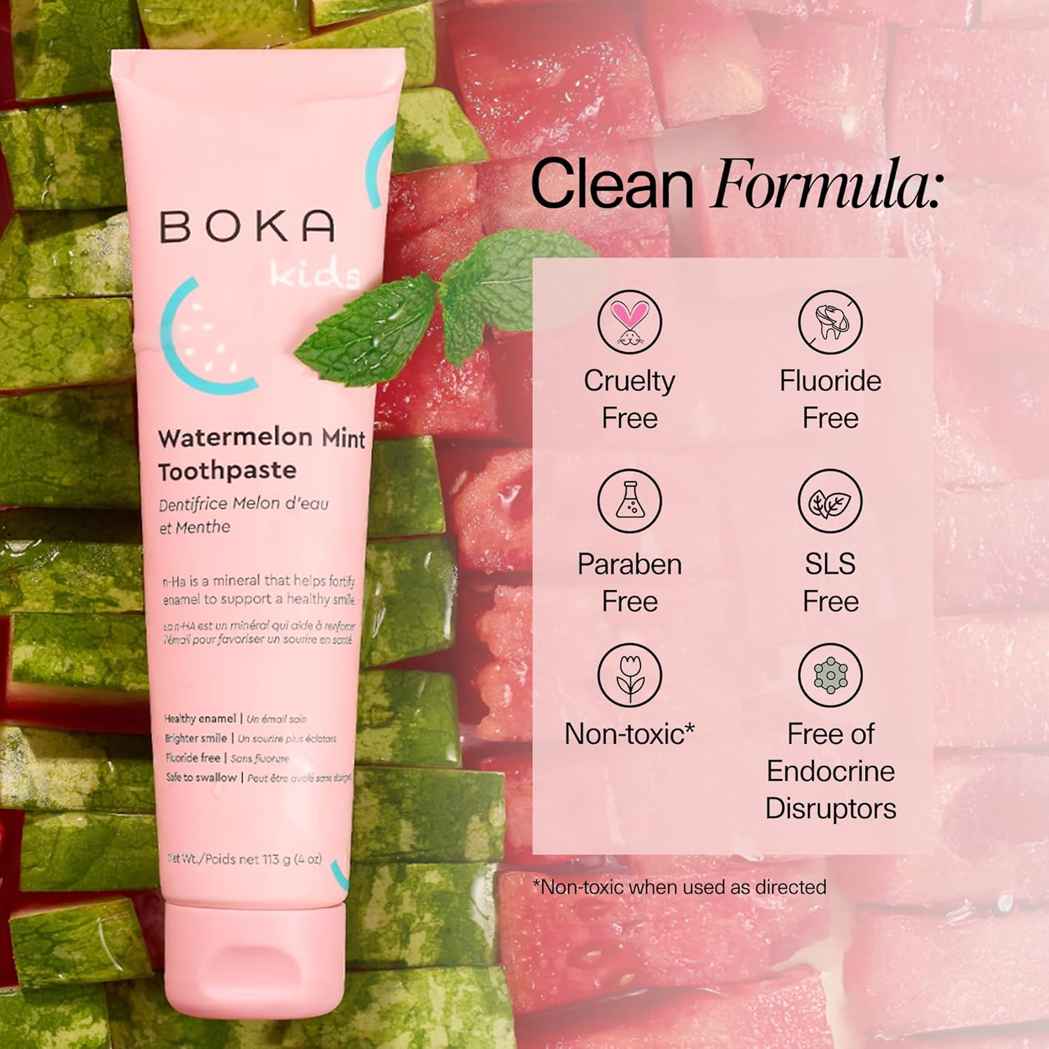 Pink tube of fluoride-free Watermelon Mint n-Ha Toothpaste for kids with nano-hydroxyapatite icons.