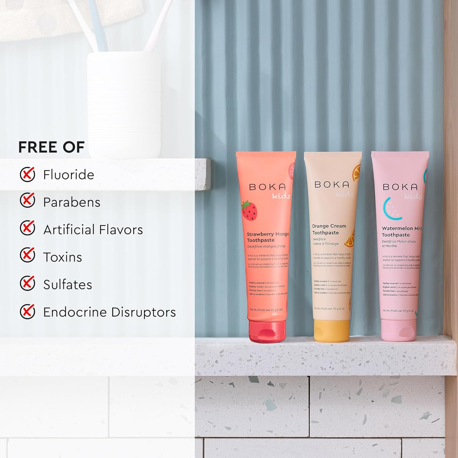 Three n-Ha Toothpaste Family 3 Packs on a shelf; kid-approved flavors for healthy brushing habits.