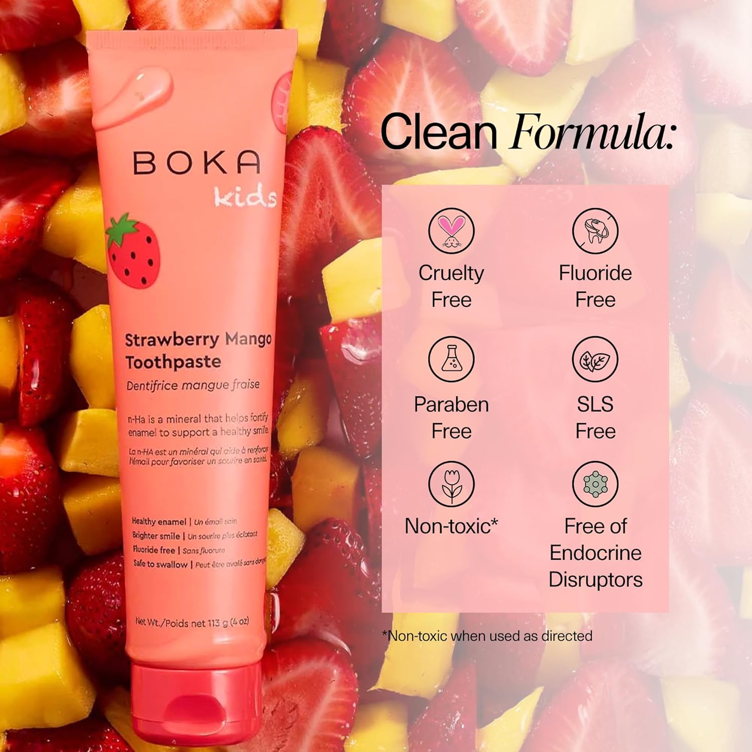 Strawberry Mango n-Ha Toothpaste cleans and remineralizes teeth with nano-hydroxyapatite.