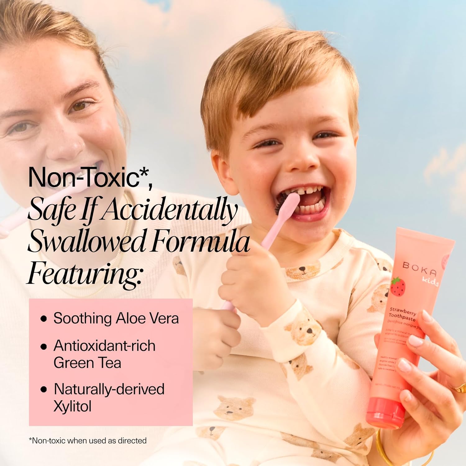 A smiling child uses Strawberry Mango n-Ha Toothpaste to remineralize teeth on a pastel background.