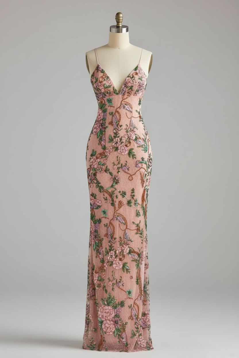 Floral beaded gown with lace up back formal prom dress