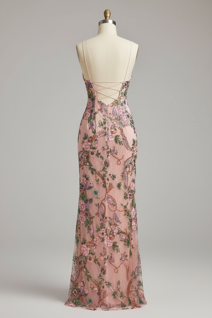 Floral beaded gown with lace up back formal prom dress