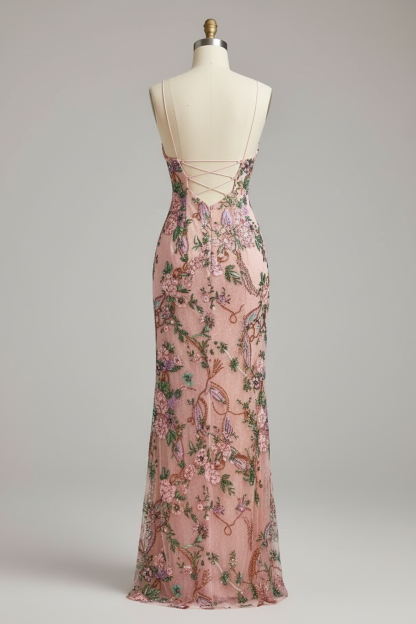 Floral beaded gown with lace up back formal prom dress