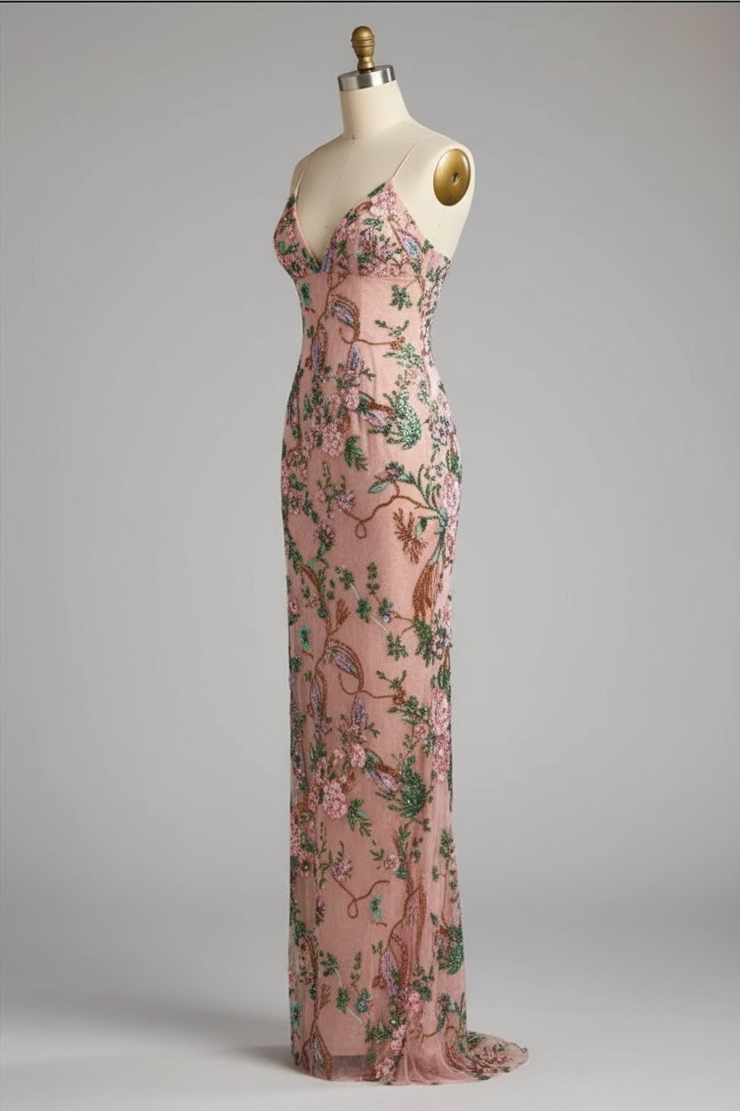 Floral beaded gown with lace up back formal prom dress