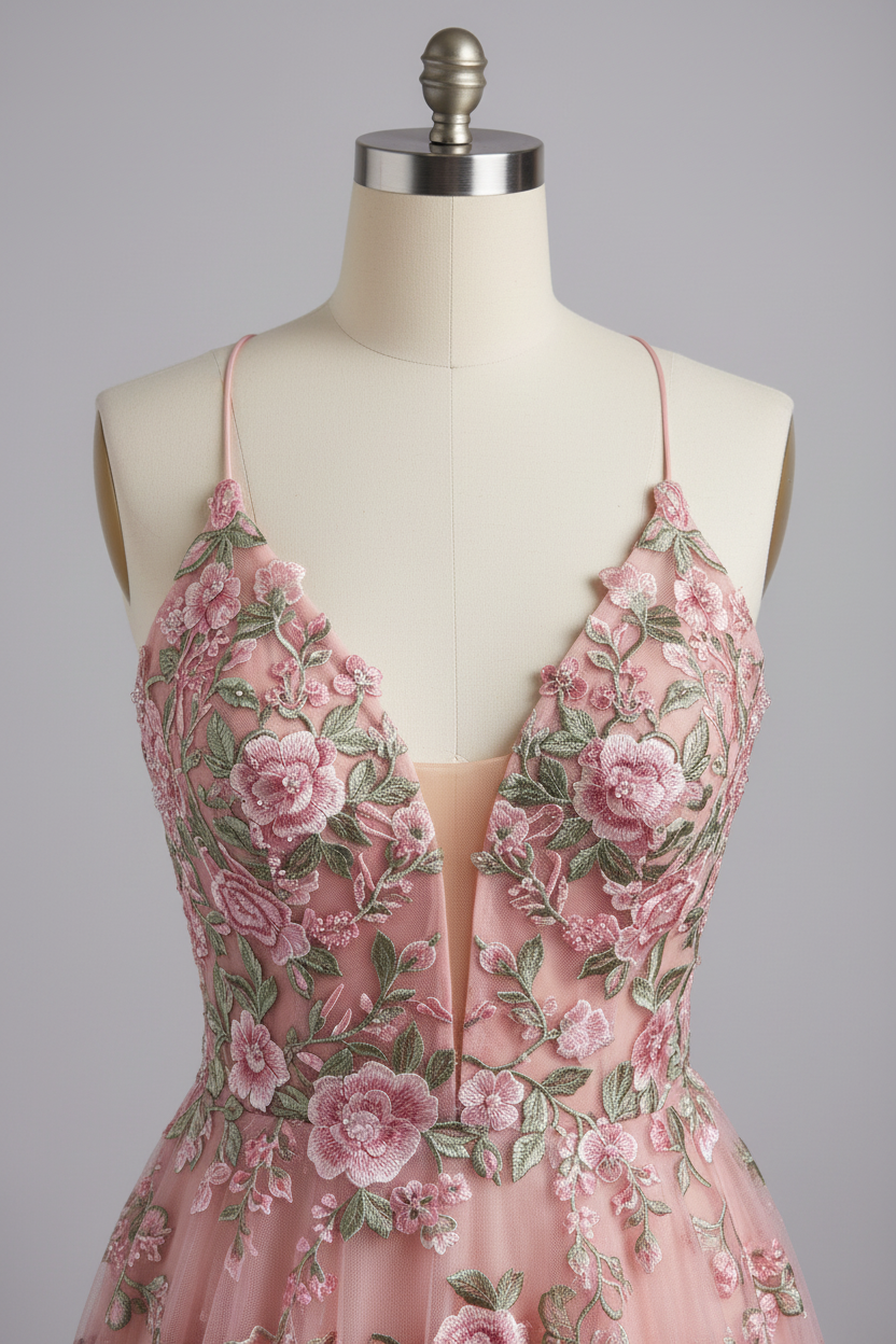 Floral beaded gown with lace up back formal prom dress