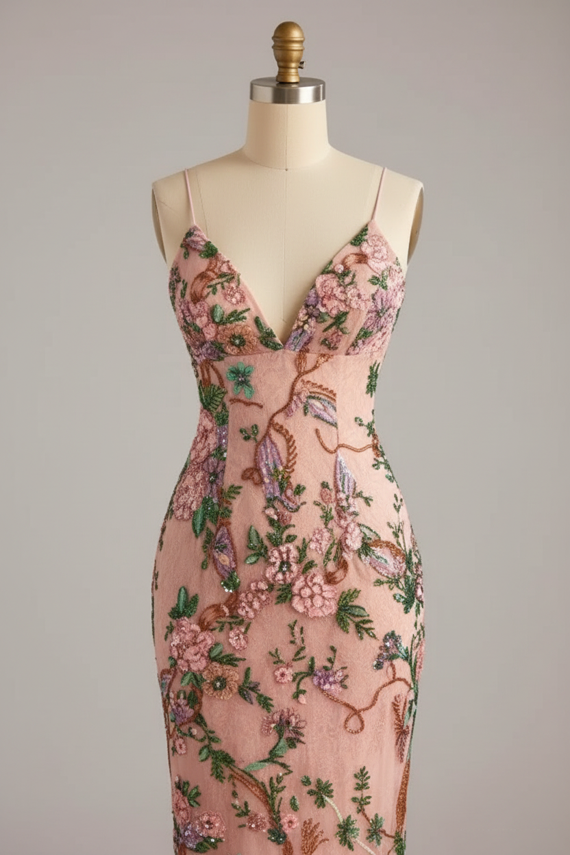 Floral beaded gown with lace up back formal prom dress