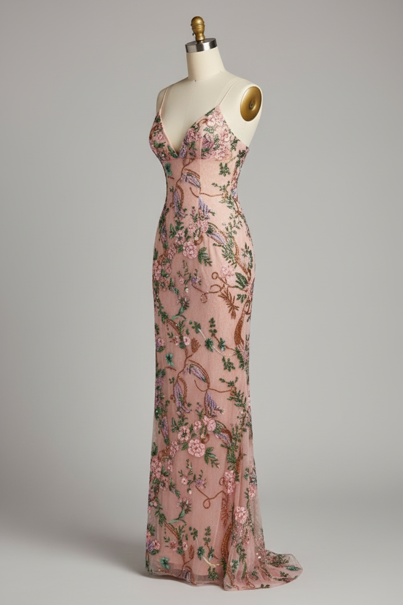 Floral beaded gown with lace up back formal prom dress