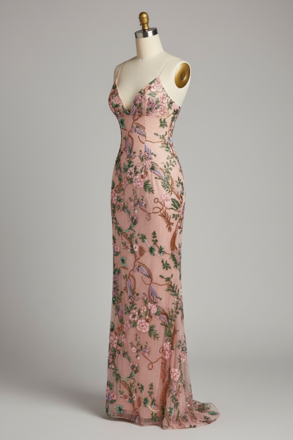 Floral beaded gown with lace up back formal prom dress