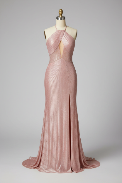 Metallic Pink Halter Neck Mermaid Prom Dress with Open Back and High Slit