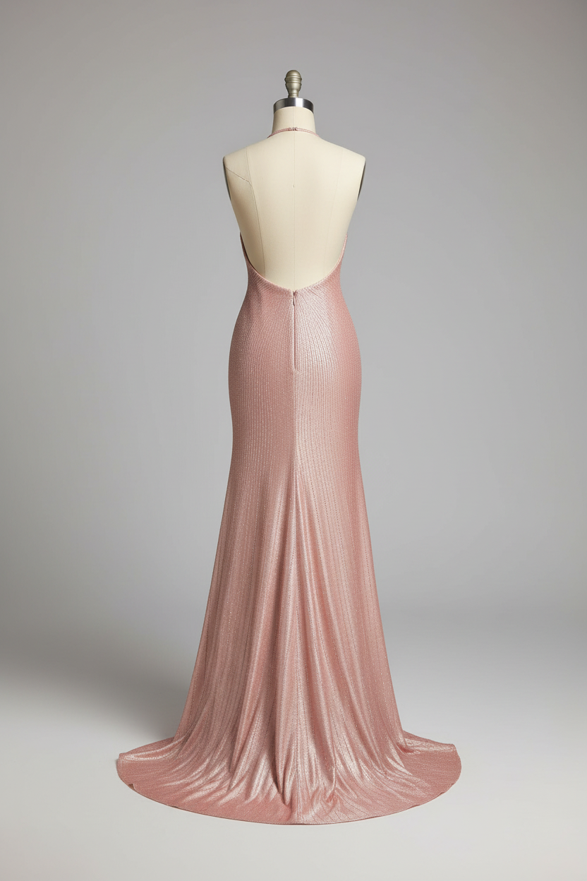 Metallic Pink Halter Neck Mermaid Prom Dress with Open Back and High Slit