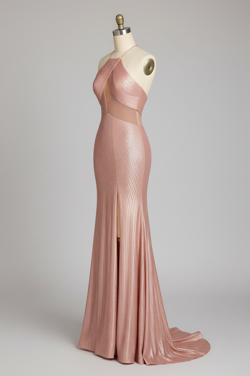 Metallic Pink Halter Neck Mermaid Prom Dress with Open Back and High Slit