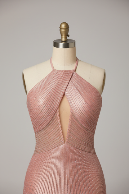 Metallic Pink Halter Neck Mermaid Prom Dress with Open Back and High Slit