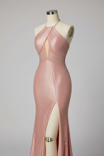 Metallic Pink Halter Neck Mermaid Prom Dress with Open Back and High Slit