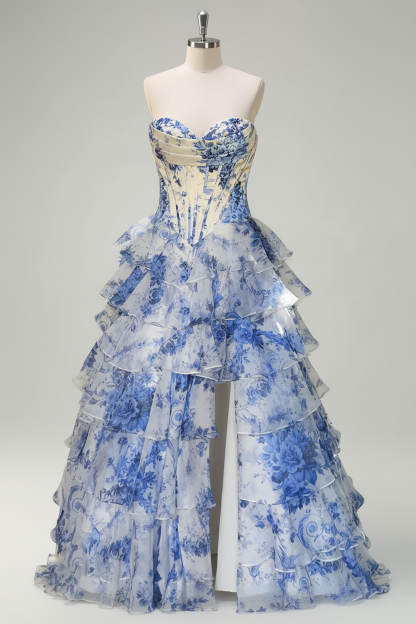 Blue Strapless Silk Chiffon Corset Floral Prom Dress