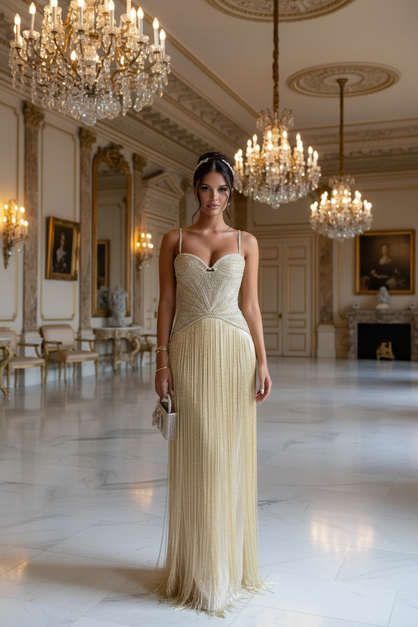 Spaghetti straps Sleeveless Long Prom Dress With Beading Tassel