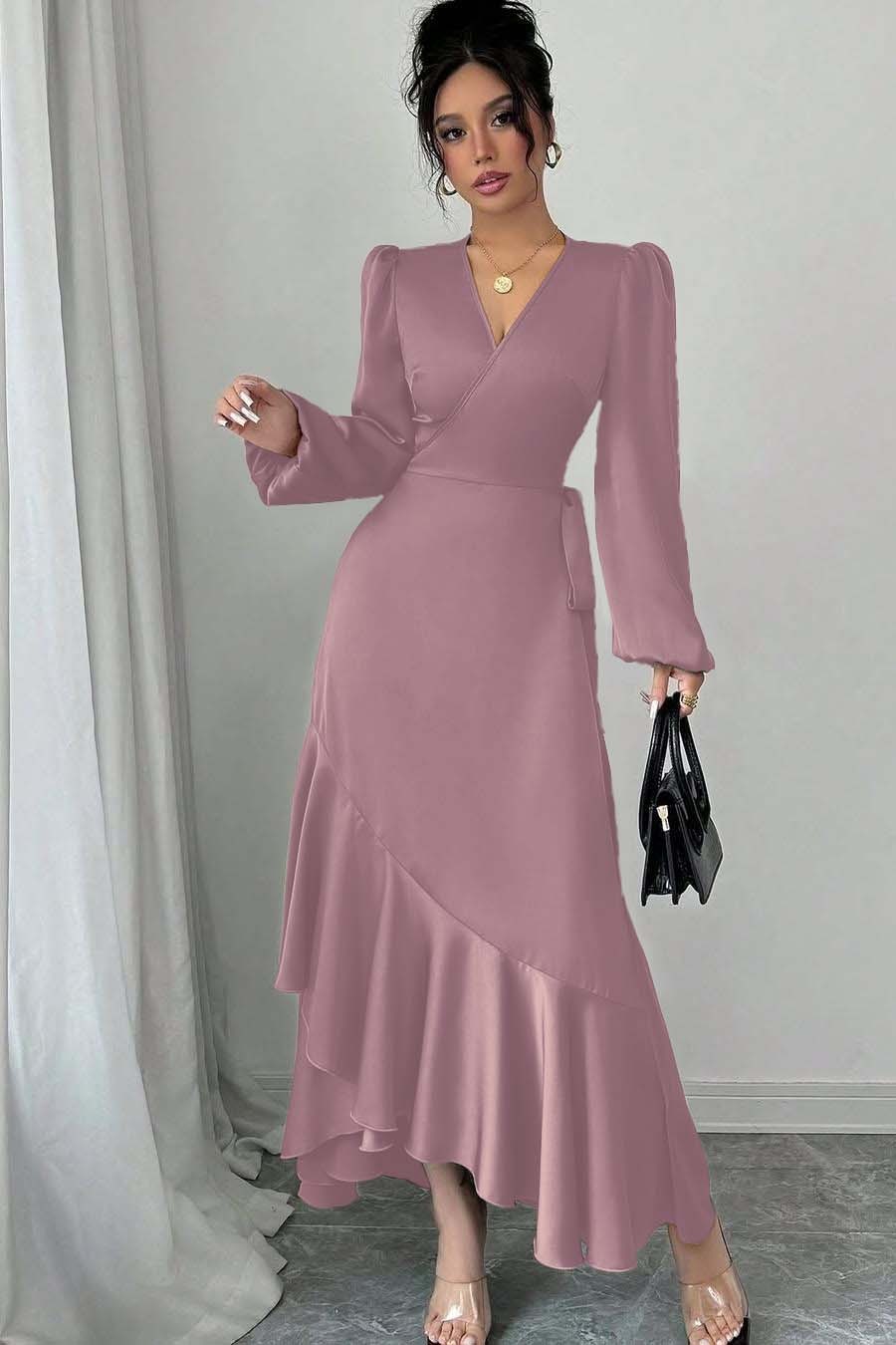Shinning Long Sleeves V Neck Long Prom Dress With Ruffles Pleated