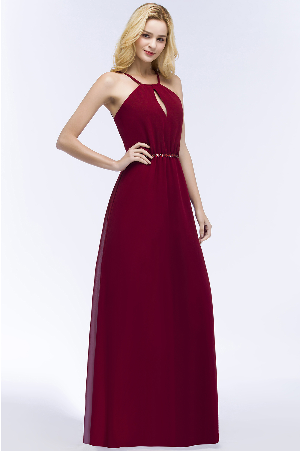 BMbridal Burgundy Spaghetti Straps Long Bridesmaid Dress with Beading Sash-BMbridal