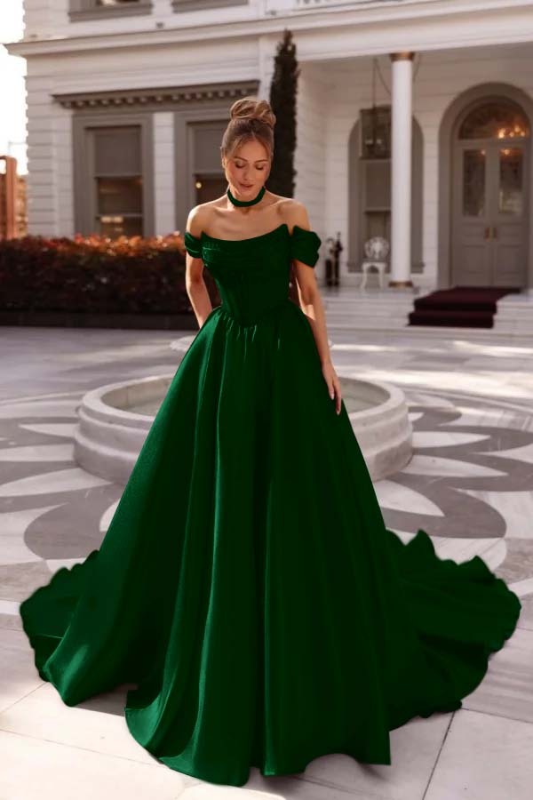 Off the Shoulder Sleeveless Long Prom Dress With Pleated Beading