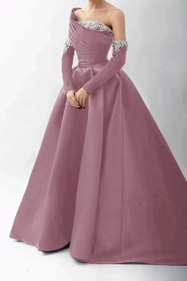 One Shoulder A Line Long Prom Dress With Beading Detachable sleeves
