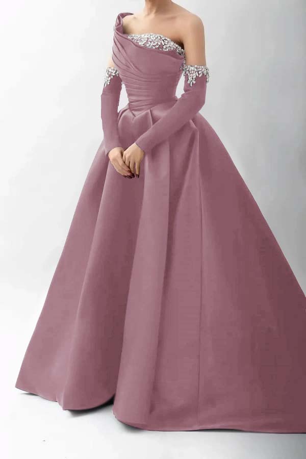 One Shoulder A Line Long Prom Dress With Beading Detachable sleeves