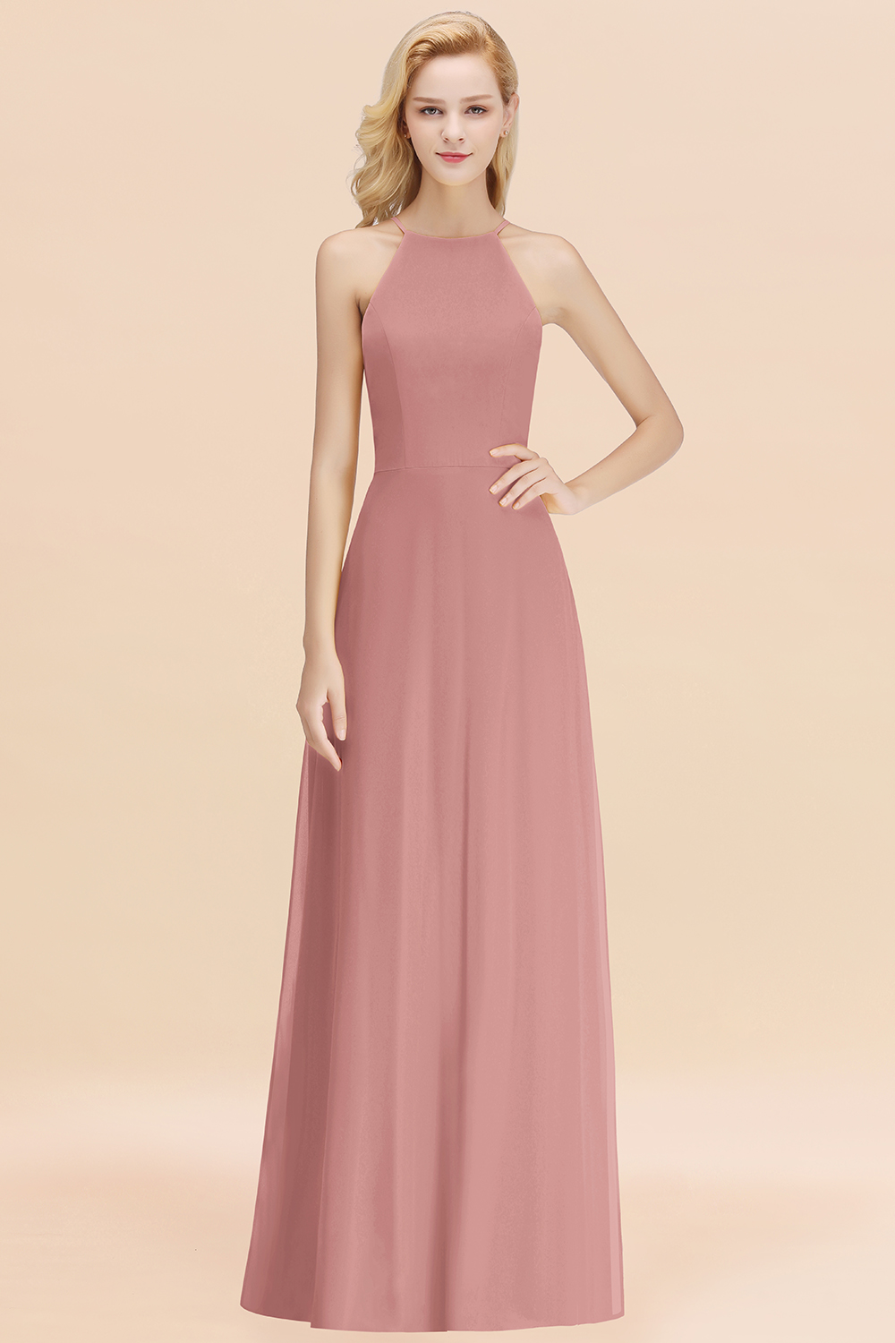 BMbridal Modest High-Neck Yellow Chiffon Affordable Bridesmaid Dresses Online-BMbridal