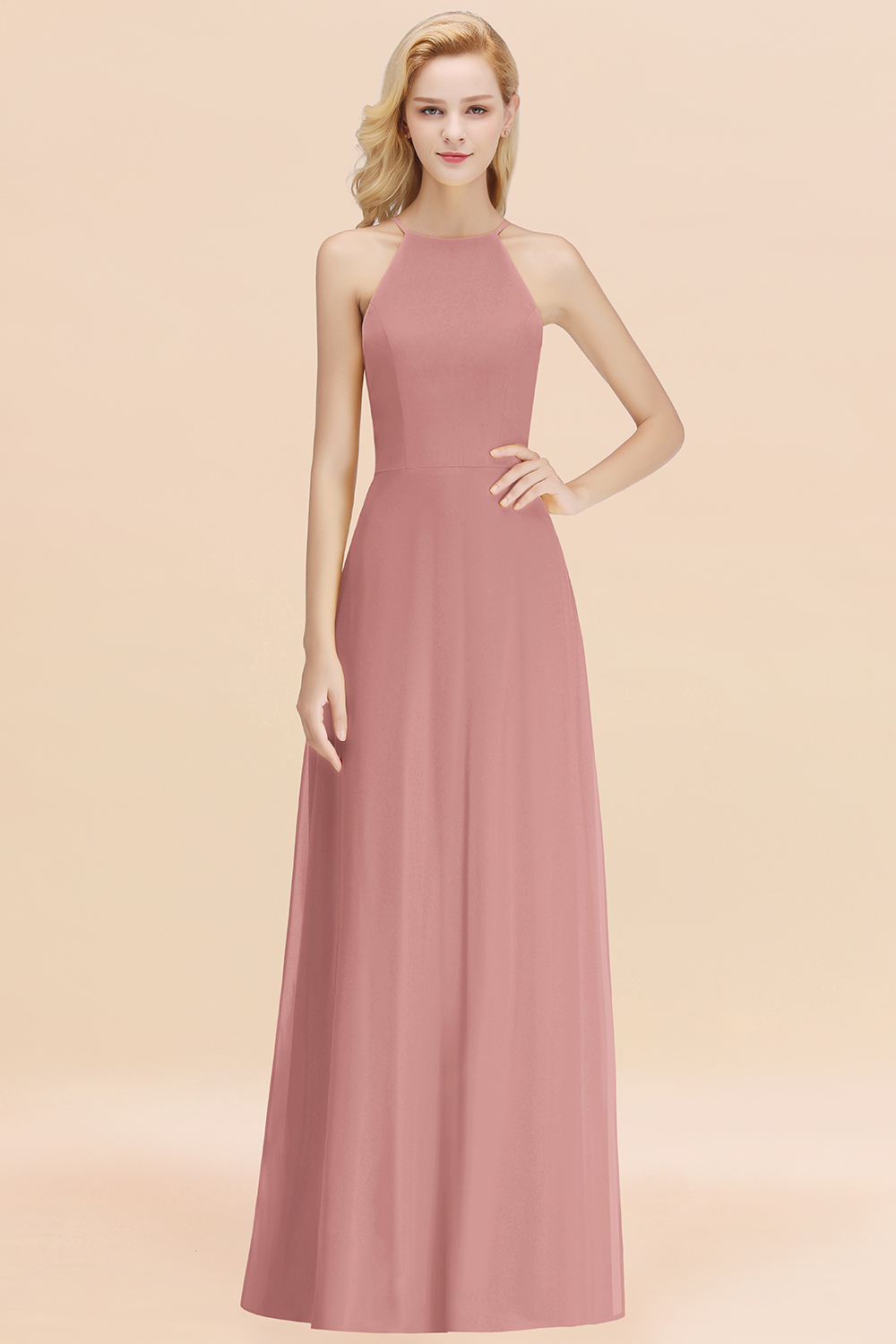 BMbridal Modest High-Neck Yellow Chiffon Affordable Bridesmaid Dresses Online-BMbridal