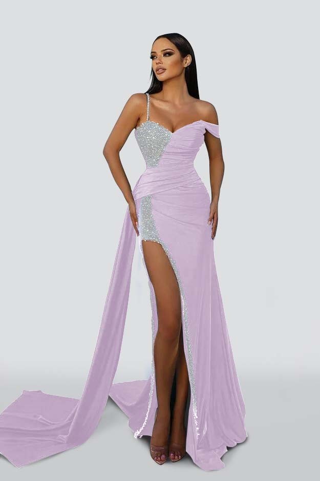 Chic Dark Green One Shoulder Sweetheart Mermaid Prom Dress Satin Split With Beads Ruffles