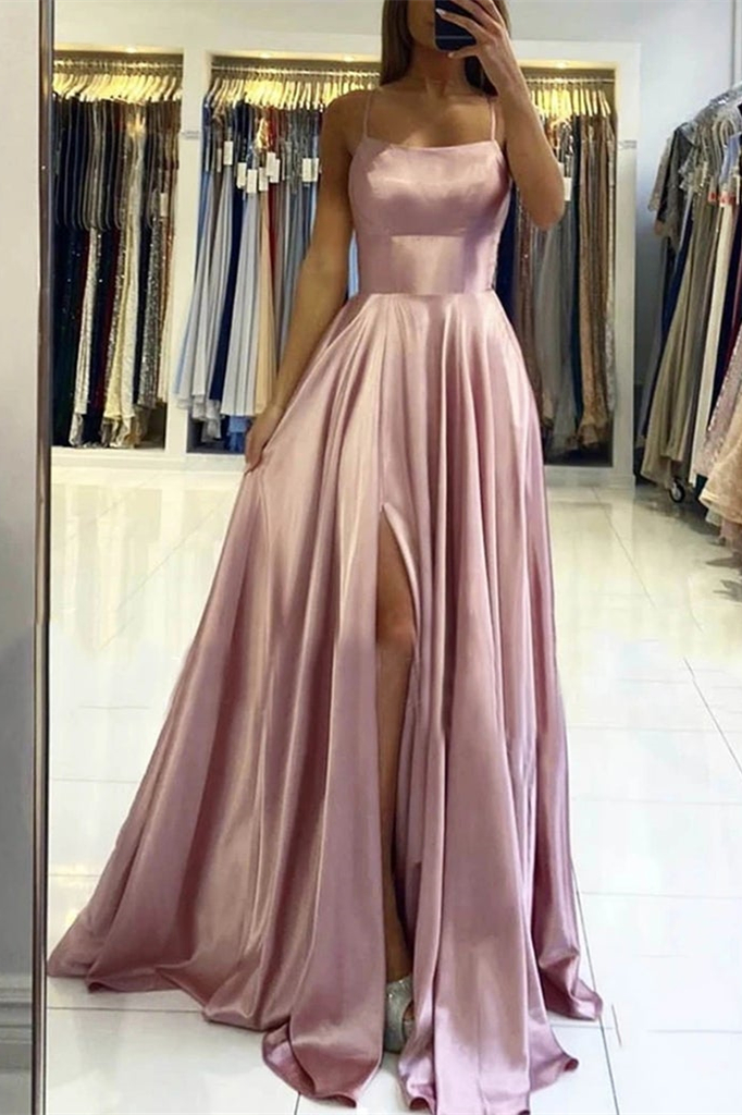 Pink Spaghetti Strap Sleeveless Backless Long Prom Dress With Front Split
