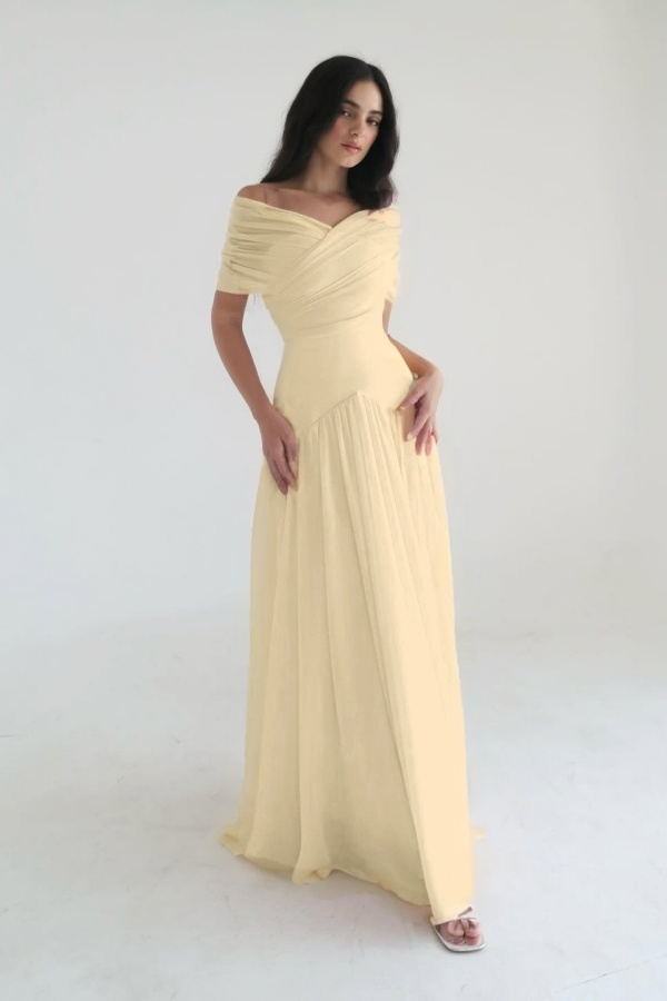 Chiffon Off the Shoulder Sleeveless Long Prom Dress With Pleated