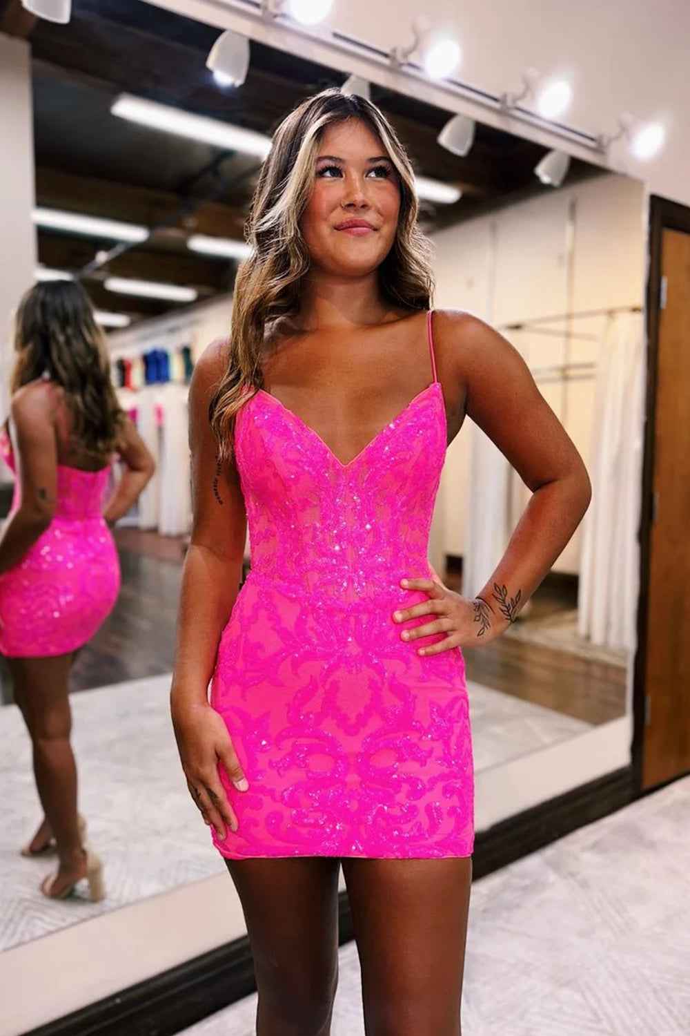 Hot Pink Bodycon Spaghetti Straps Short Homecoming Dress with Embroidery