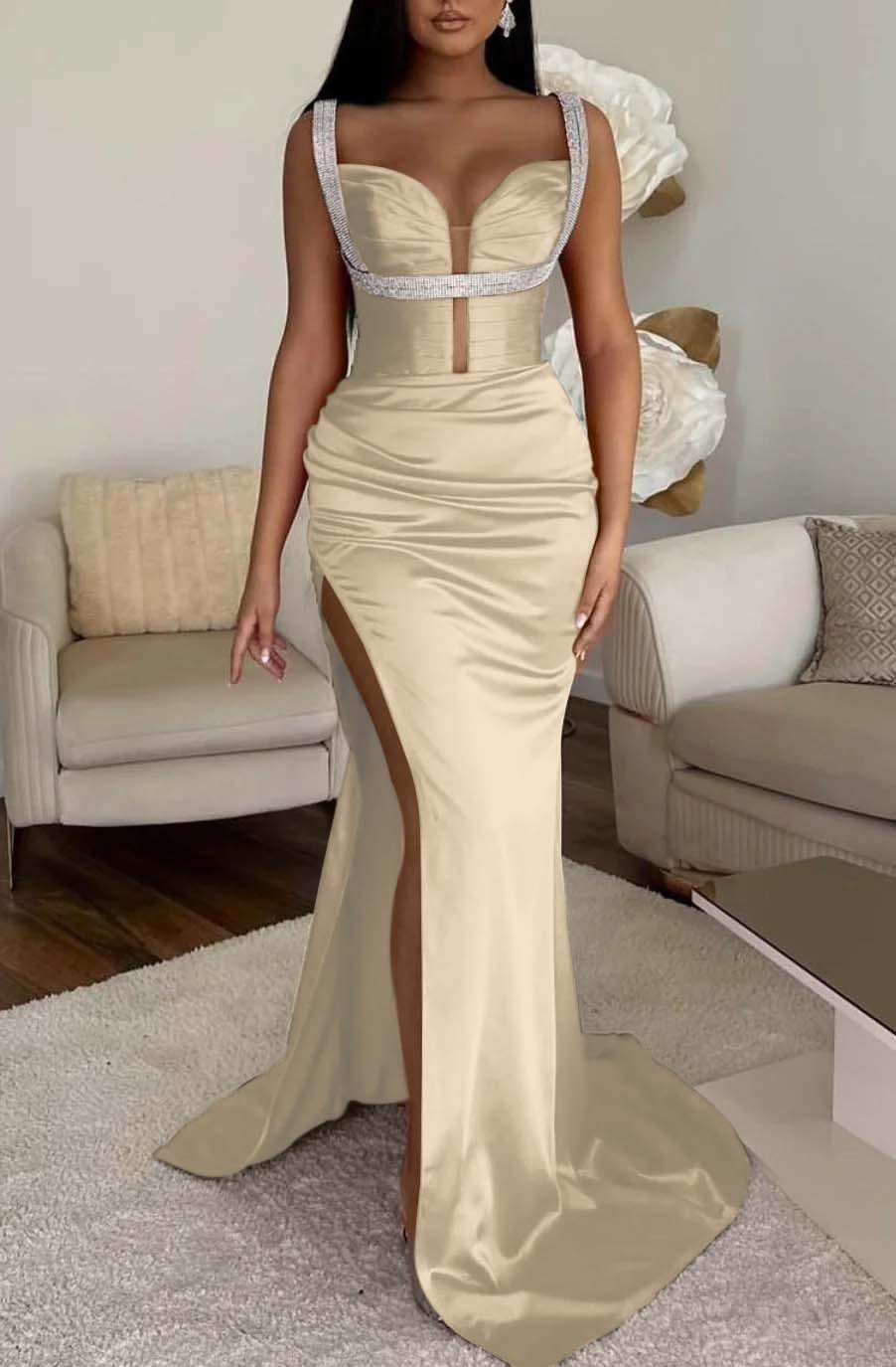 Mermaid Prom Dress Spaghetti Strap Fuchsia With High Split Sleeveless