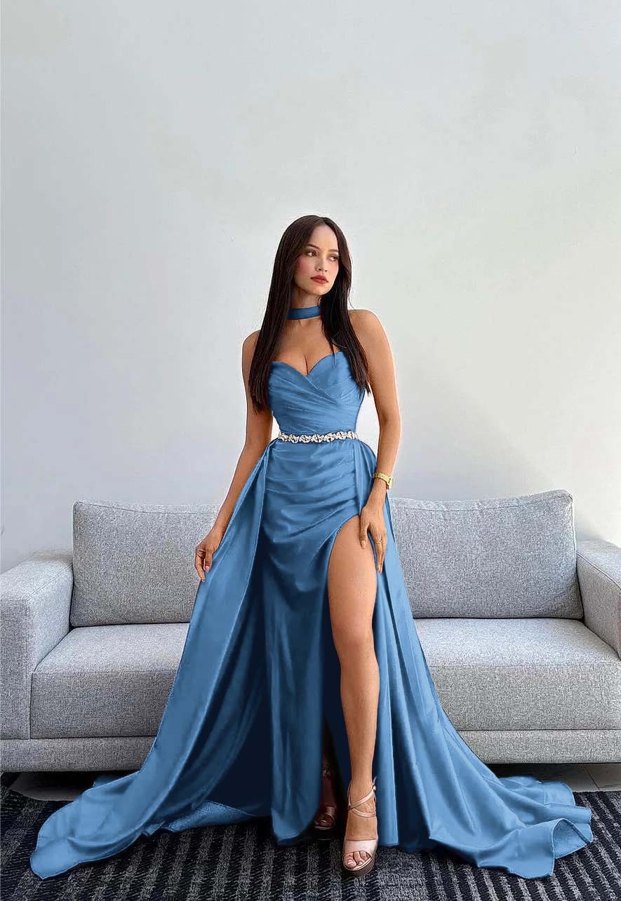 Black Halter Strapless Sweetheart  Sleeveless Mermaid Split Prom Dress With Gloves