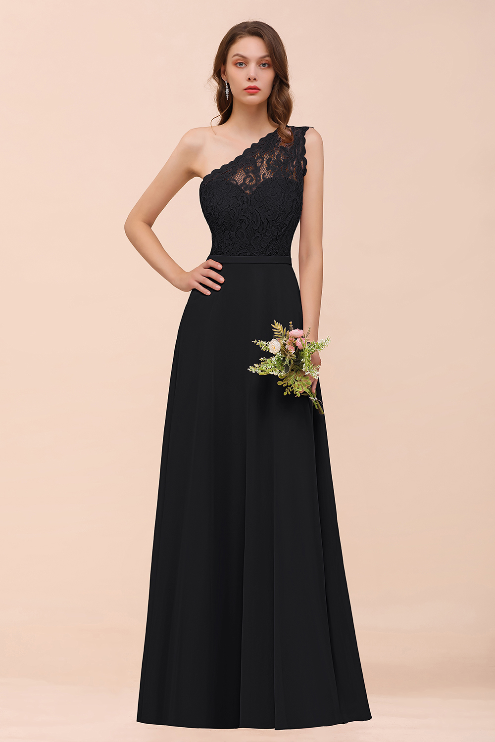 BMbridal New Arrival Dusty Rose One Shoulder Lace Long Bridesmaid Dress-BMbridal