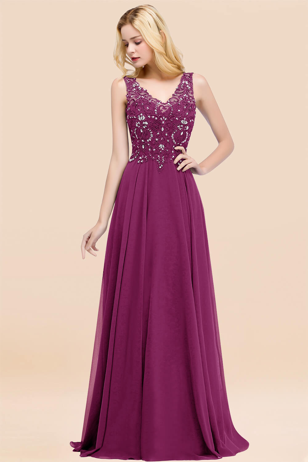 BMbridal Affordable Lace V-Neck Navy Bridesmaid Dresses With Appliques-BMbridal