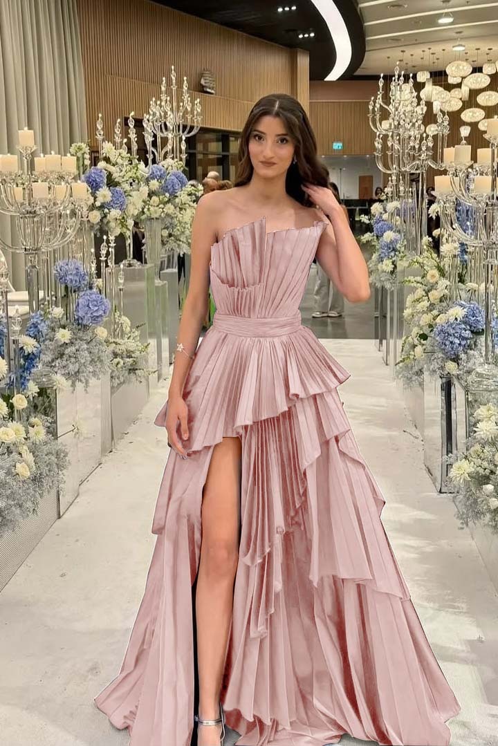 Charming Strapless Sleeveless Long Split Prom Dress With Pleated