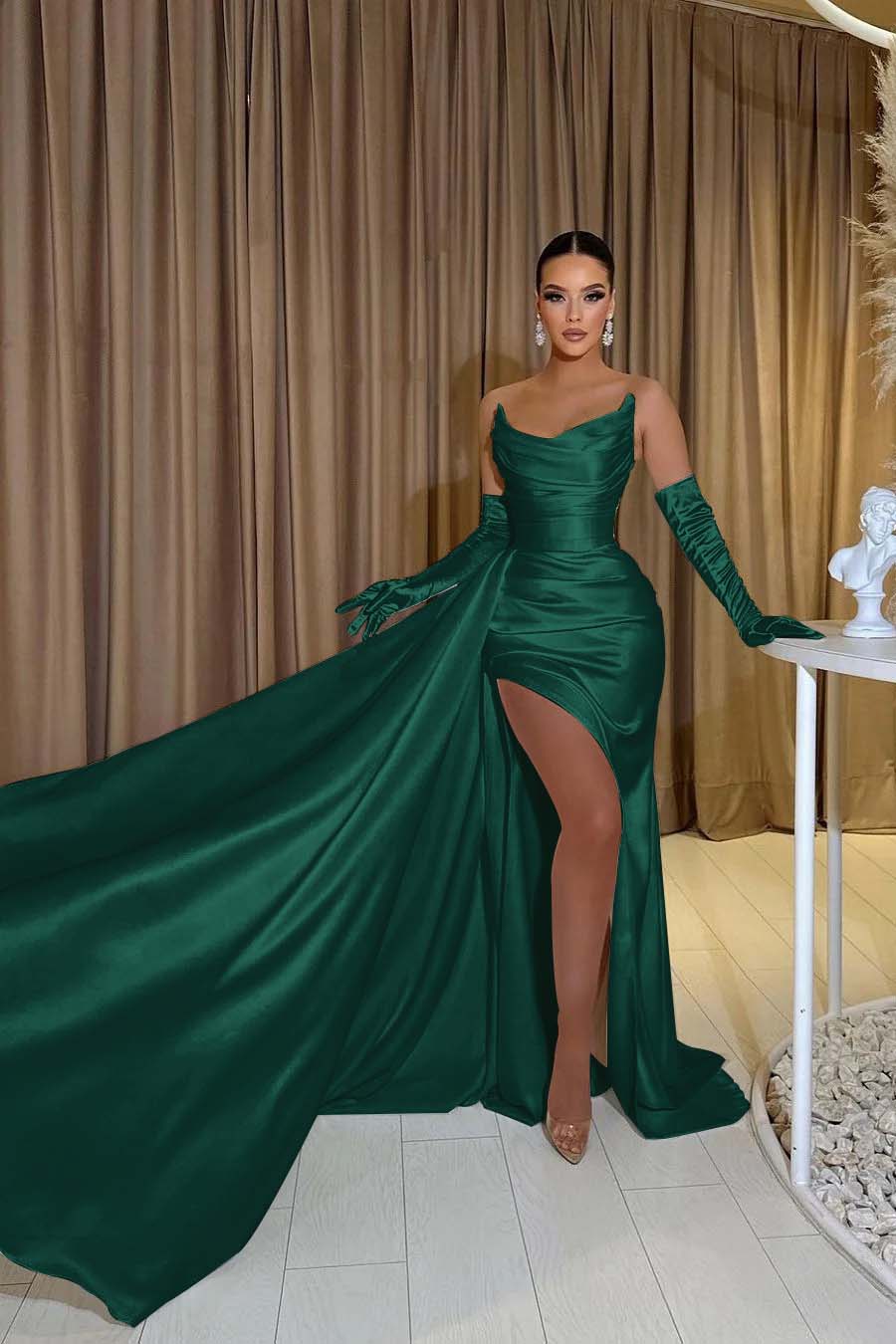 White Chiffon Strapless Sleeveless Split Mermaid Long Prom Dress With Gloves