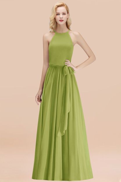 BMbridal Affordable Halter Bow Long Bridesmaid Dress Modest Burgundy Chiffon Wedding Party Dress-BMbridal