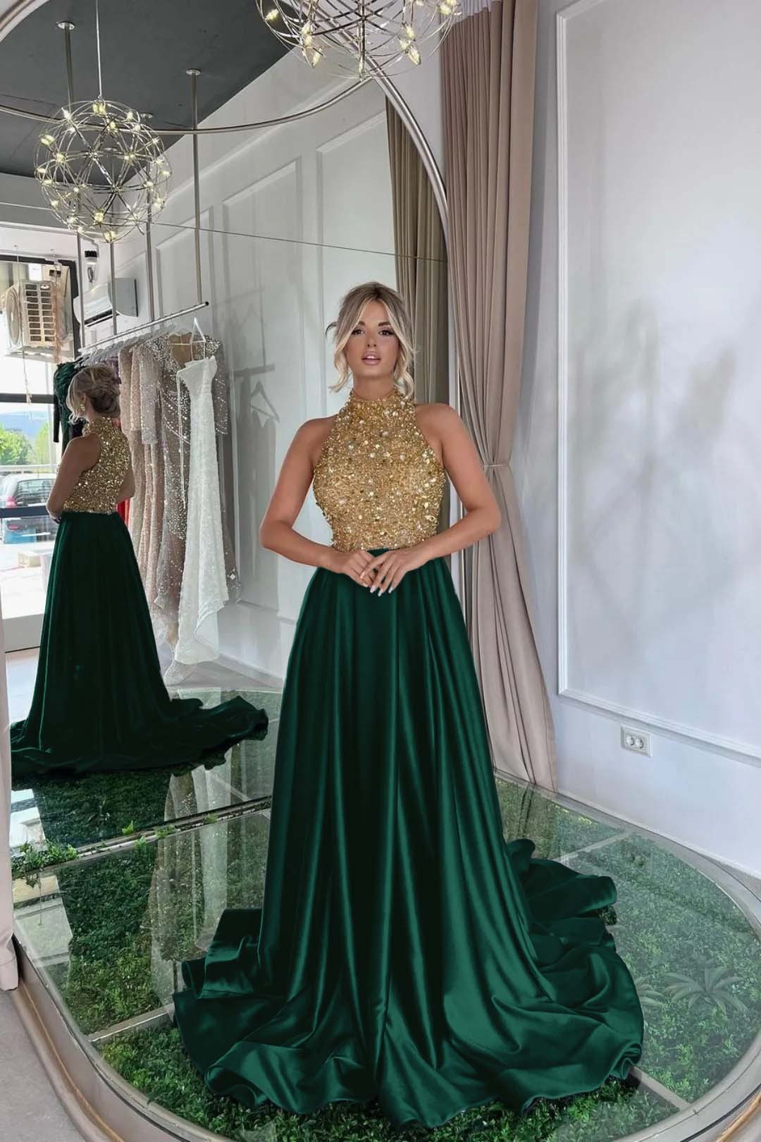 Elegant Sequins Prom Dress Gold Black Long Sleeveless Halter