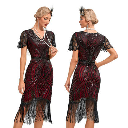 Vintage 1920s Gatsby Dress with V-Neck and Sequins in Sheath Style