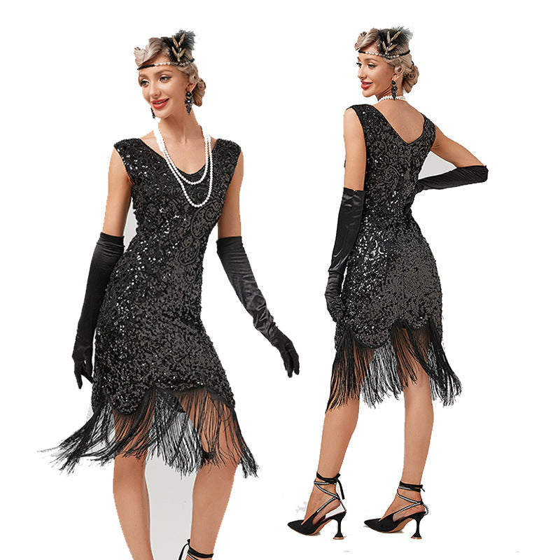 Vintage 1920s Gatsby Dress with V-Neck and Sequins in Sheath/Column Style