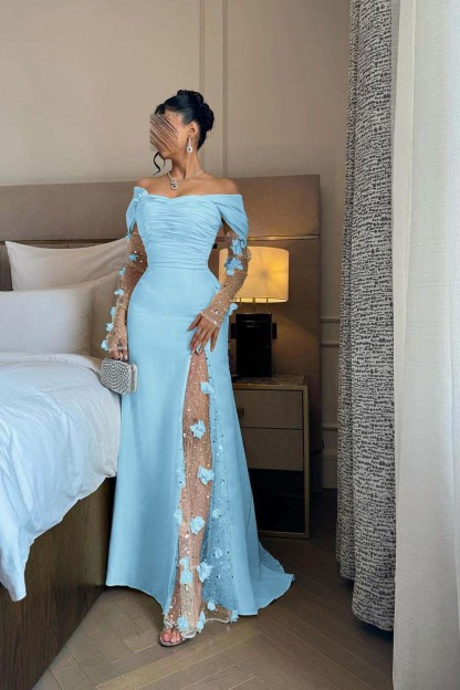 Off the Shoulder Long Sleeves Long Prom Dress With Split Appliques