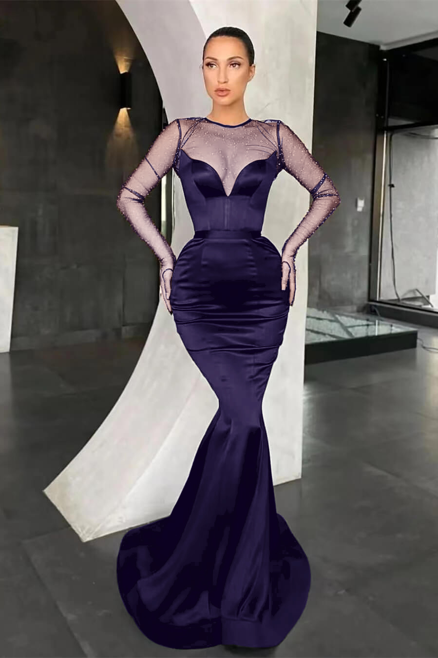 Black Mermaid Long Sleeves Pleated Long Prom Dress With Beads Online V Neck