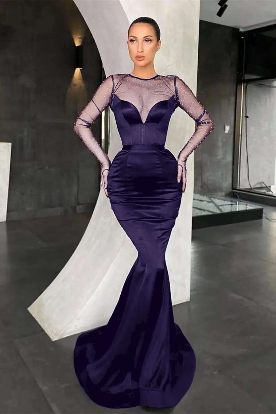 Black Mermaid Long Sleeves Pleated Long Prom Dress With Beads Online V Neck