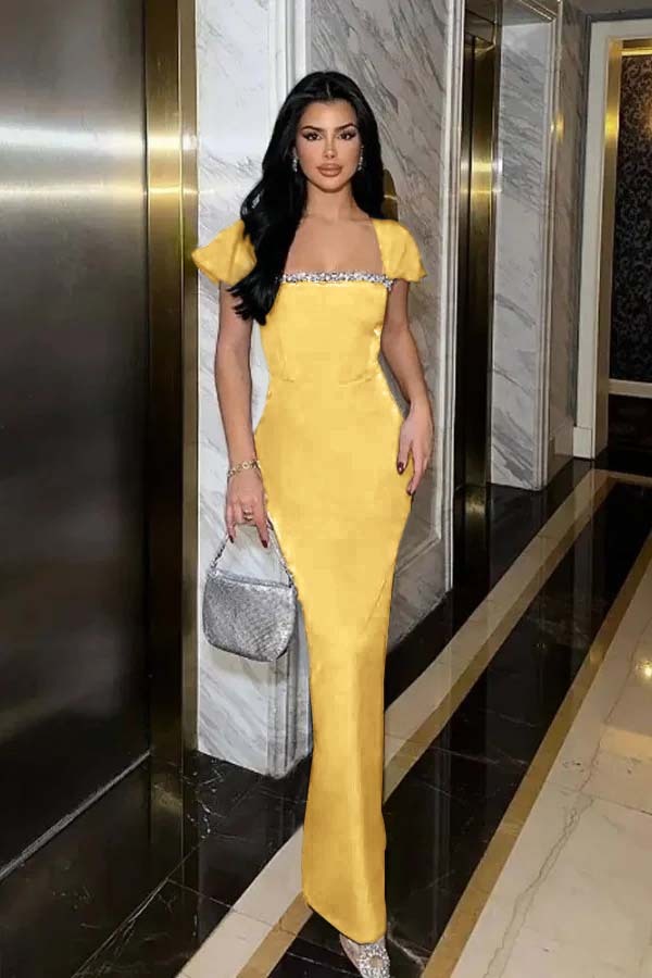 Sleeveless Square Neck Long Mermaid Prom Dress With Pleated Beading